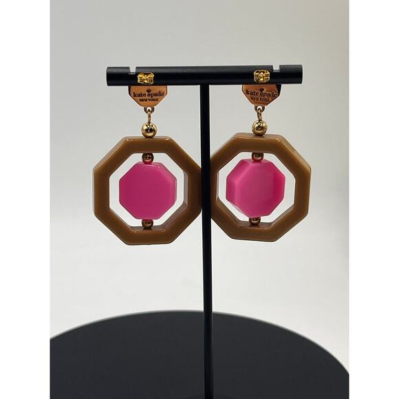 Kate Spade Pink Brown Resin Plastic Geometrical Hexagon Drop Pierced Earrings - Picture 5 of 10